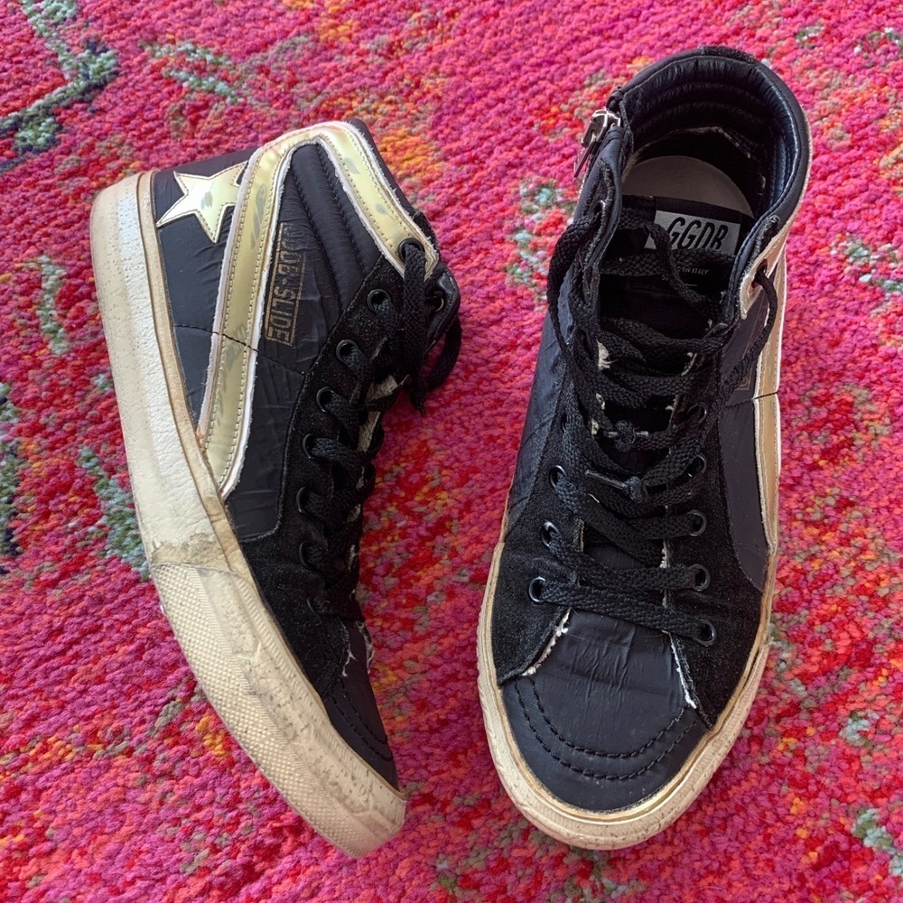 Golden Goose Slide High Top Sneakers Trainers Black Leather Gold Stripe 38/ US